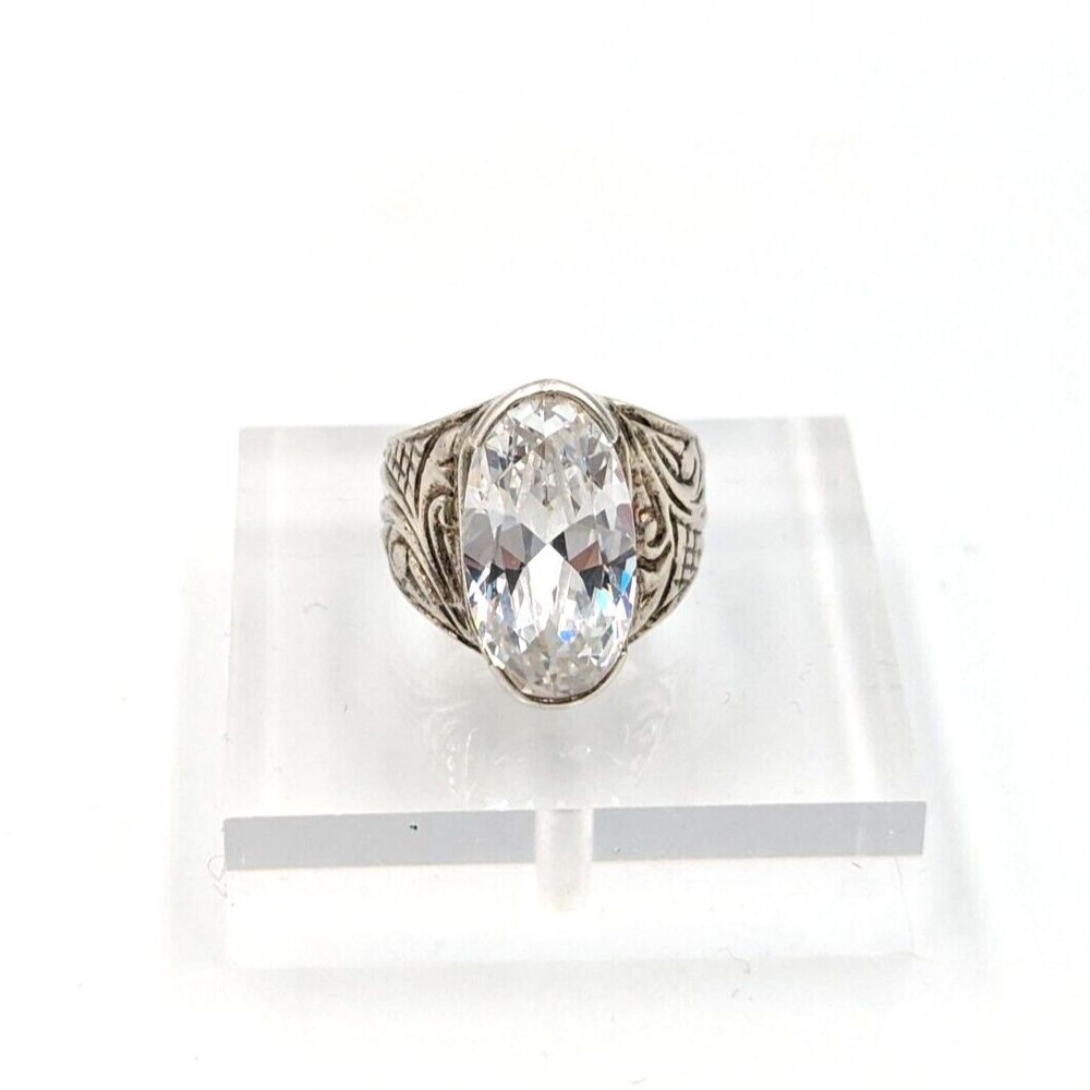 Vintage Sterling Silver 925 Big Oval Cubic Zirconia Ring Sz 7 Mid-Century Modern